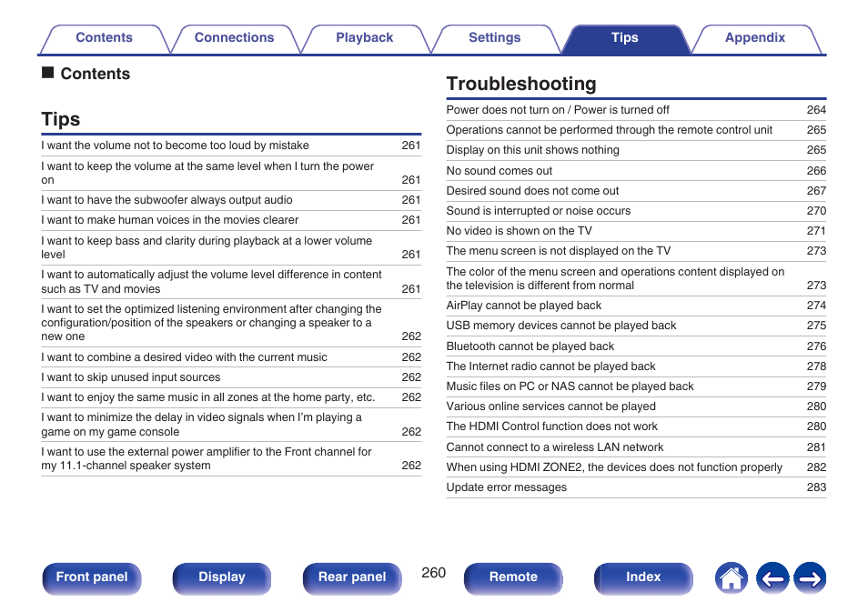 Tips, Troubleshooting, Ocontents | Marantz CINEMA 50 9.4-Channel Network A/V Receiver (Black) User Manual | Page 260 / 326