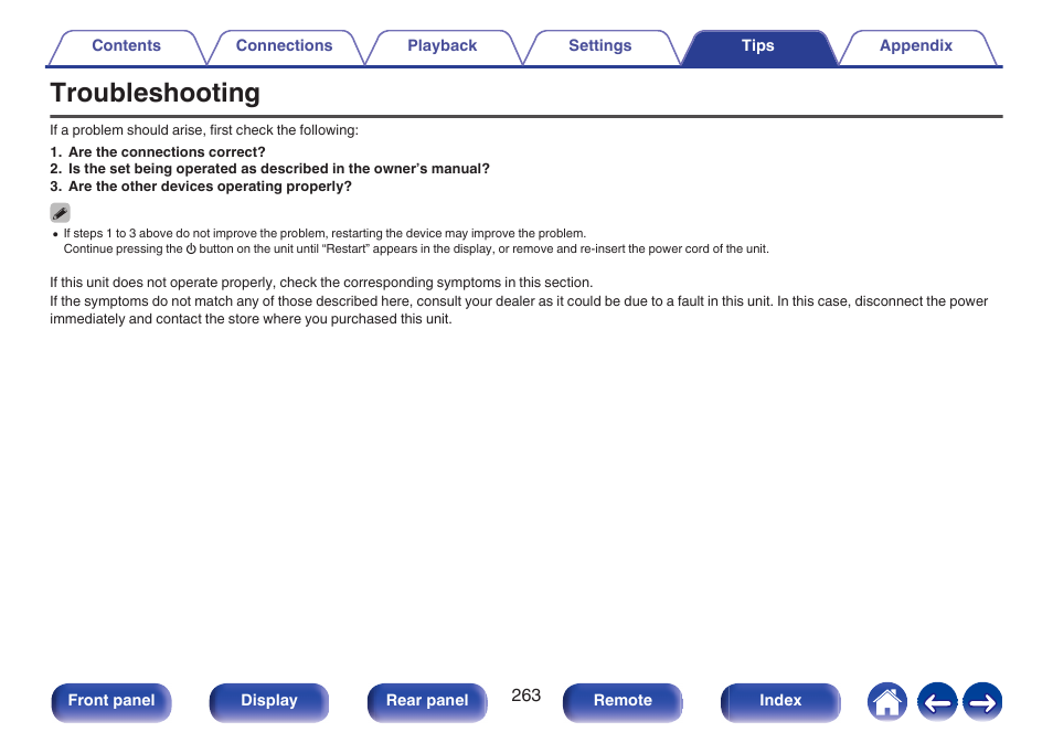 Troubleshooting | Marantz CINEMA 50 9.4-Channel Network A/V Receiver (Black) User Manual | Page 263 / 326