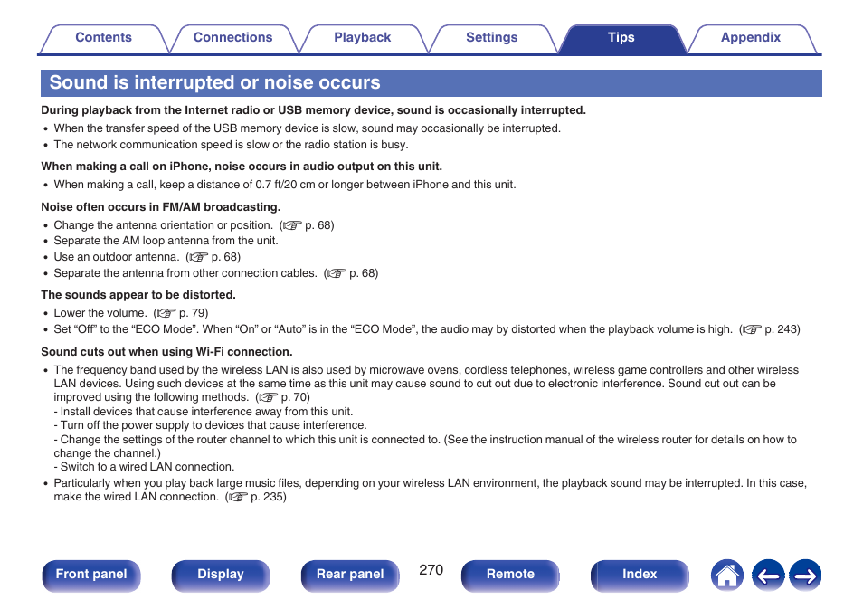 Sound is interrupted or noise occurs | Marantz CINEMA 50 9.4-Channel Network A/V Receiver (Black) User Manual | Page 270 / 326