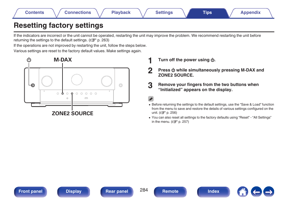 Resetting factory settings, Factory settings | Marantz CINEMA 50 9.4-Channel Network A/V Receiver (Black) User Manual | Page 284 / 326