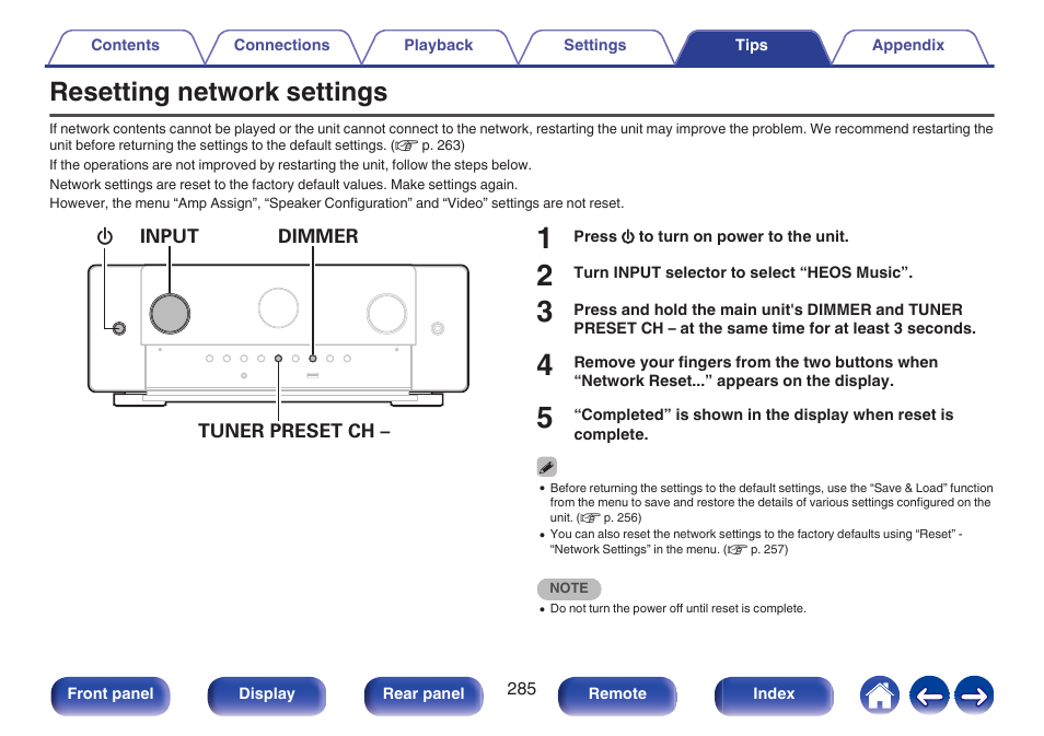 Resetting network settings, P. 285) | Marantz CINEMA 50 9.4-Channel Network A/V Receiver (Black) User Manual | Page 285 / 326