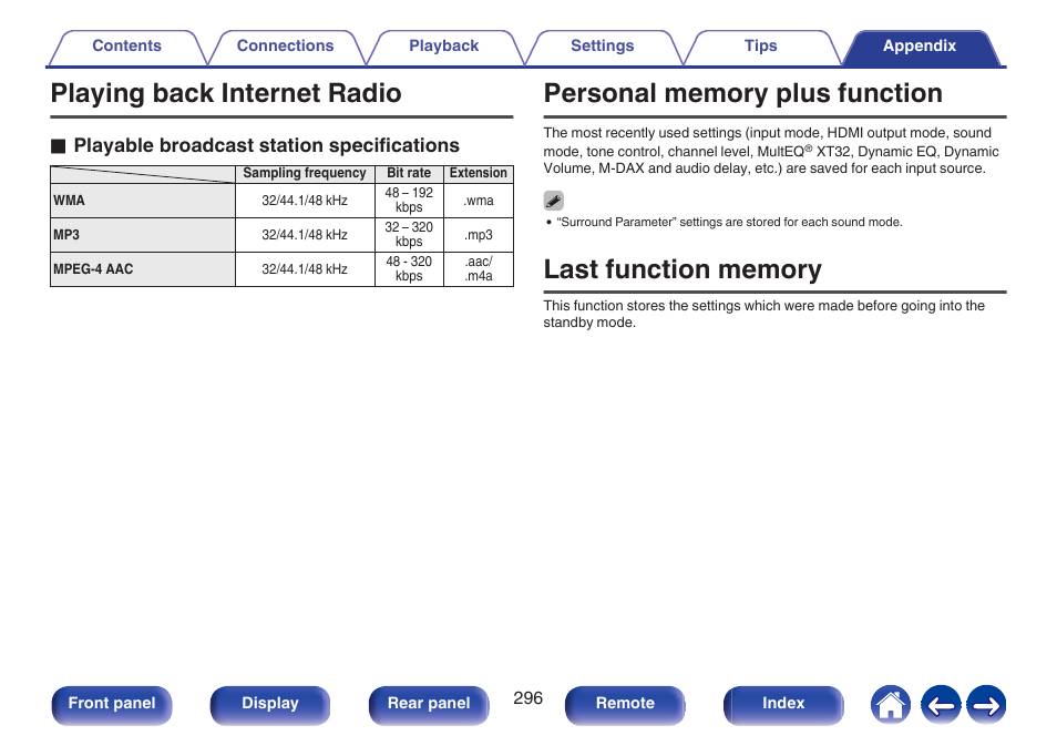 Playing back internet radio, Personal memory plus function, Last function memory | See “playing back internet radio, P. 296), Oplayable broadcast station specifications | Marantz CINEMA 50 9.4-Channel Network A/V Receiver (Black) User Manual | Page 296 / 326