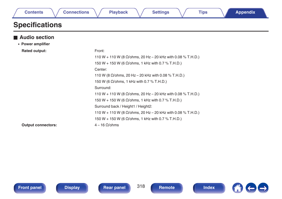 Specifications | Marantz CINEMA 50 9.4-Channel Network A/V Receiver (Black) User Manual | Page 318 / 326