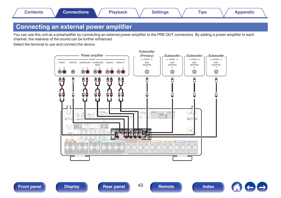 Connecting an external power amplifier, P. 43), Front panel display rear panel remote index | Marantz CINEMA 50 9.4-Channel Network A/V Receiver (Black) User Manual | Page 43 / 326