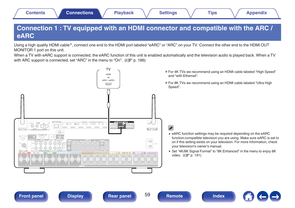 Compatible with the arc / earc, P. 59), Connection 1 : tv equipped with an hdmi | Connector and compatible with the arc, Earc | Marantz CINEMA 50 9.4-Channel Network A/V Receiver (Black) User Manual | Page 59 / 326