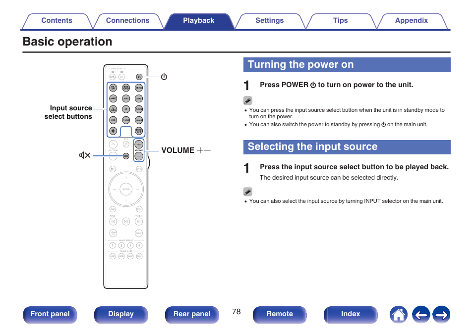 Basic operation, Turning the power on, Selecting the input source | Located) on/off (standby), P. 78), This selects the input source | Marantz CINEMA 50 9.4-Channel Network A/V Receiver (Black) User Manual | Page 78 / 326