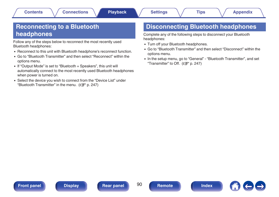 Reconnecting to a bluetooth headphones, Disconnecting bluetooth headphones | Marantz CINEMA 50 9.4-Channel Network A/V Receiver (Black) User Manual | Page 90 / 326