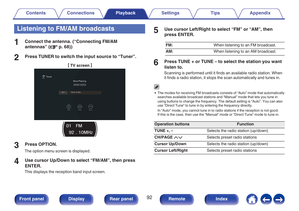 Listening to fm/am broadcasts, These select either fm broadcast or am broadcast, P. 92) | Marantz CINEMA 50 9.4-Channel Network A/V Receiver (Black) User Manual | Page 92 / 326