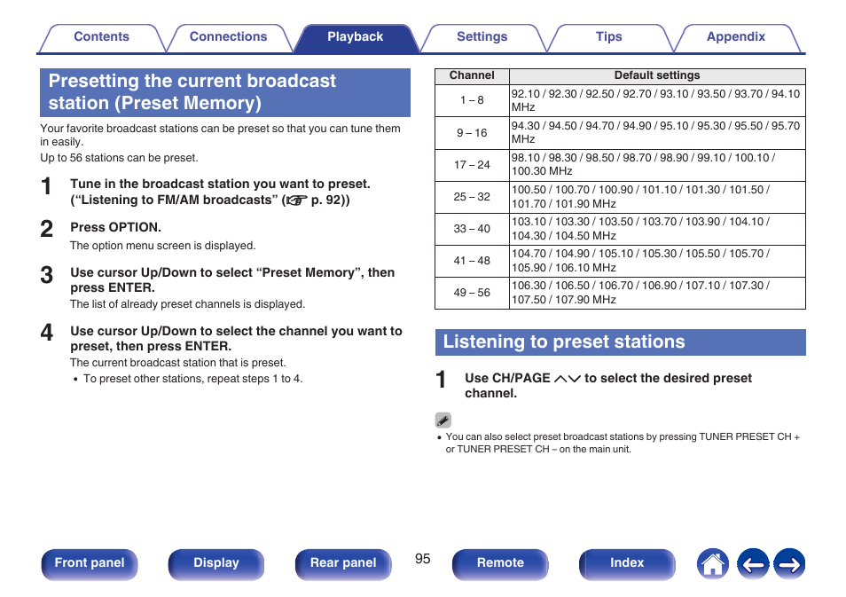 Listening to preset stations, P. 95), Presetting the current broadcast station (preset | Memory) | Marantz CINEMA 50 9.4-Channel Network A/V Receiver (Black) User Manual | Page 95 / 326