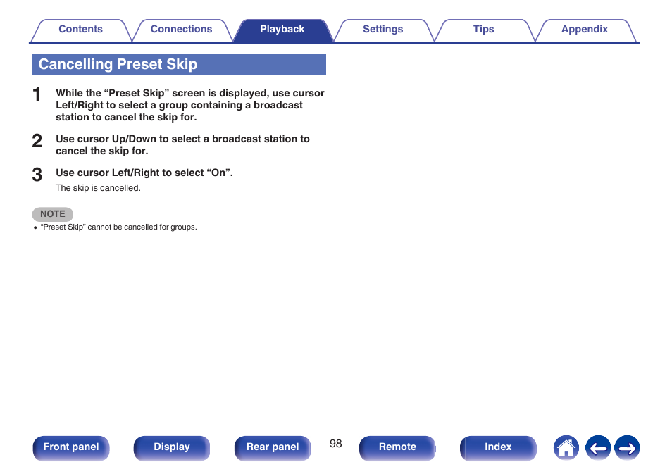 Cancelling preset skip | Marantz CINEMA 50 9.4-Channel Network A/V Receiver (Black) User Manual | Page 98 / 326