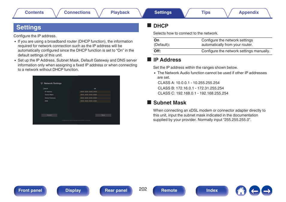 Settings, Odhcp, Oip address | Osubnet mask | Marantz CINEMA 70s 7.2-Channel Network A/V Receiver User Manual | Page 202 / 284