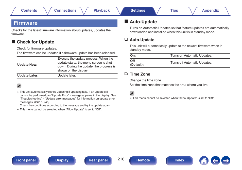 Firmware, Ocheck for update, Oauto-update | Marantz CINEMA 70s 7.2-Channel Network A/V Receiver User Manual | Page 216 / 284