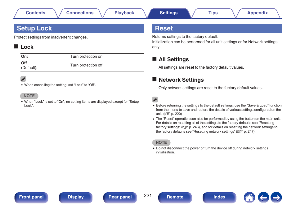 Setup lock, Reset, Olock | Oall settings, Onetwork settings | Marantz CINEMA 70s 7.2-Channel Network A/V Receiver User Manual | Page 221 / 284