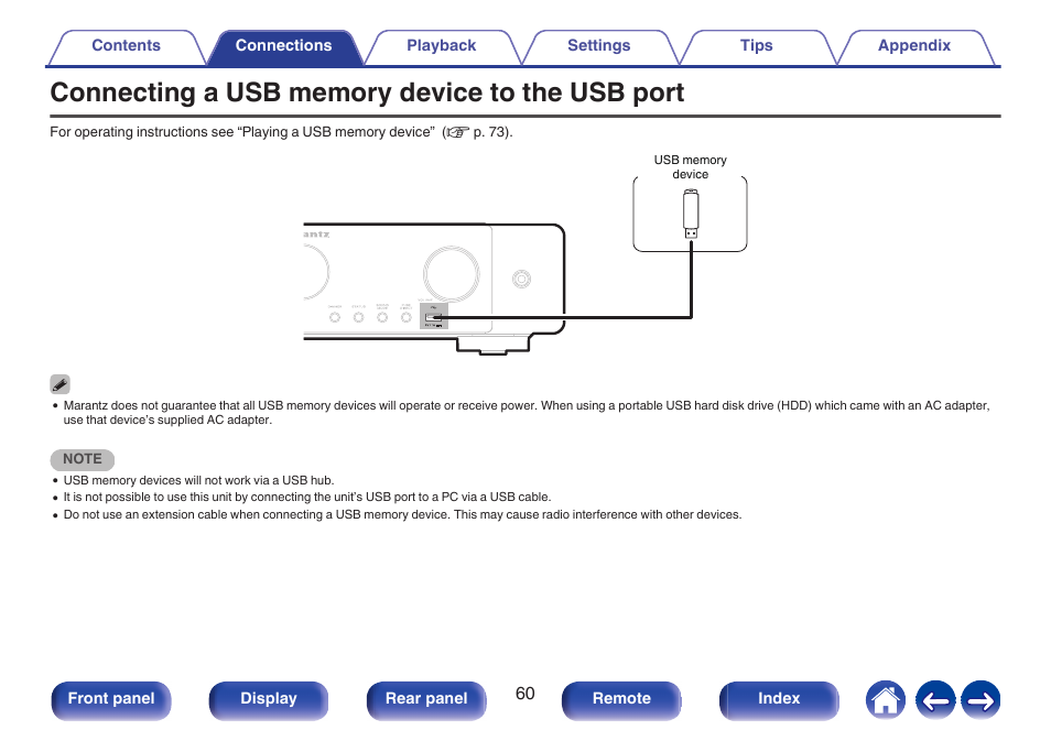 Connecting a usb memory device to the usb port, P. 60) | Marantz CINEMA 70s 7.2-Channel Network A/V Receiver User Manual | Page 60 / 284