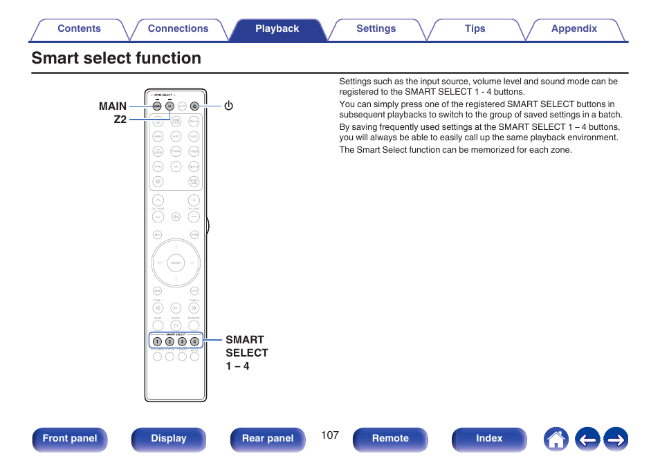 Smart select function, Volume level and sound mode settings, P. 107) | Marantz Stereo 70S 2.1-Channel Network A/V Receiver User Manual | Page 107 / 218