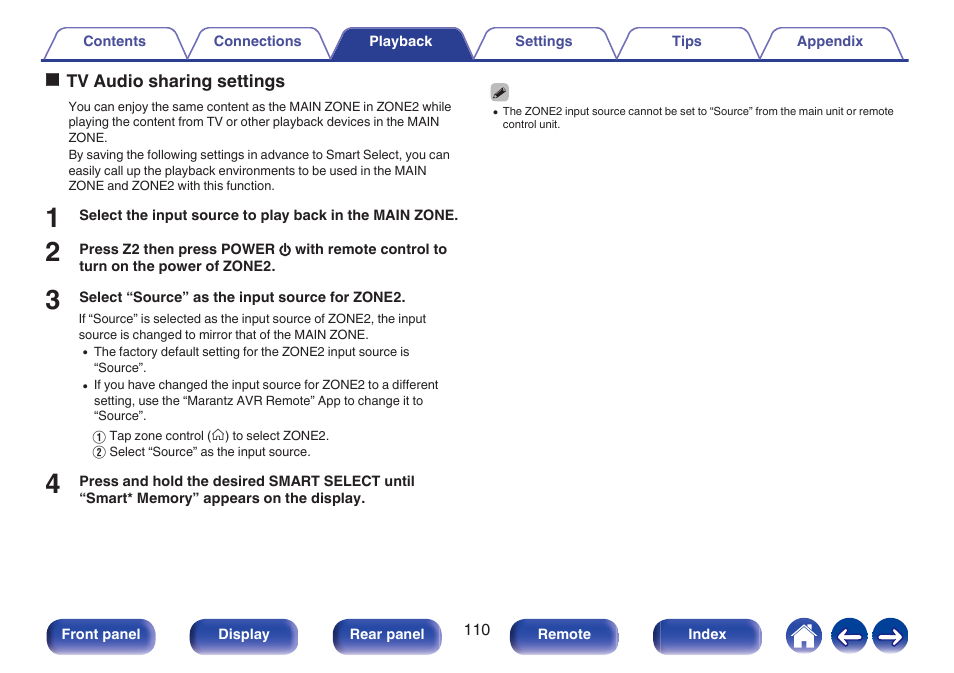 Tv audio sharing settings, P. 110) | Marantz Stereo 70S 2.1-Channel Network A/V Receiver User Manual | Page 110 / 218