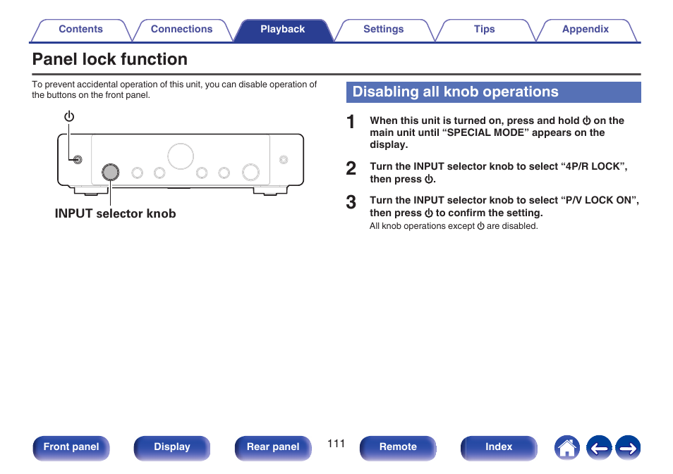 Panel lock function, Disabling all knob operations | Marantz Stereo 70S 2.1-Channel Network A/V Receiver User Manual | Page 111 / 218