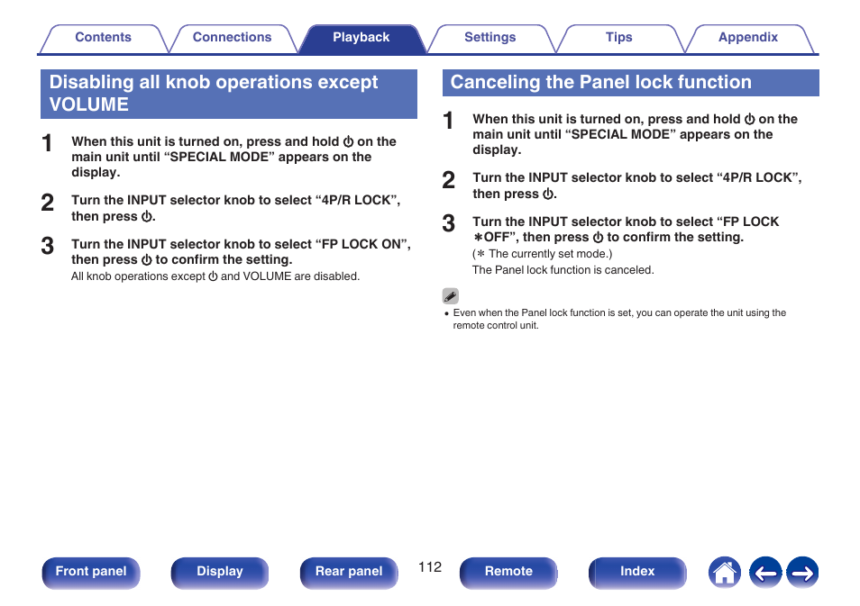 Disabling all knob operations except volume, Canceling the panel lock function | Marantz Stereo 70S 2.1-Channel Network A/V Receiver User Manual | Page 112 / 218