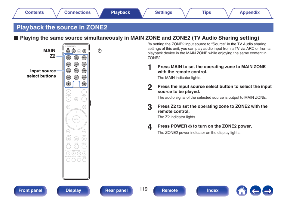 Playback the source in zone2, P. 119) | Marantz Stereo 70S 2.1-Channel Network A/V Receiver User Manual | Page 119 / 218