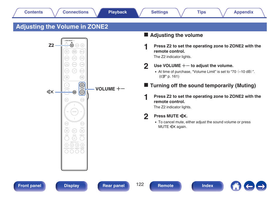 Adjusting the volume in zone2, Turning off the sound temporarily (muting), P. 122) | Adjusting the volume | Marantz Stereo 70S 2.1-Channel Network A/V Receiver User Manual | Page 122 / 218