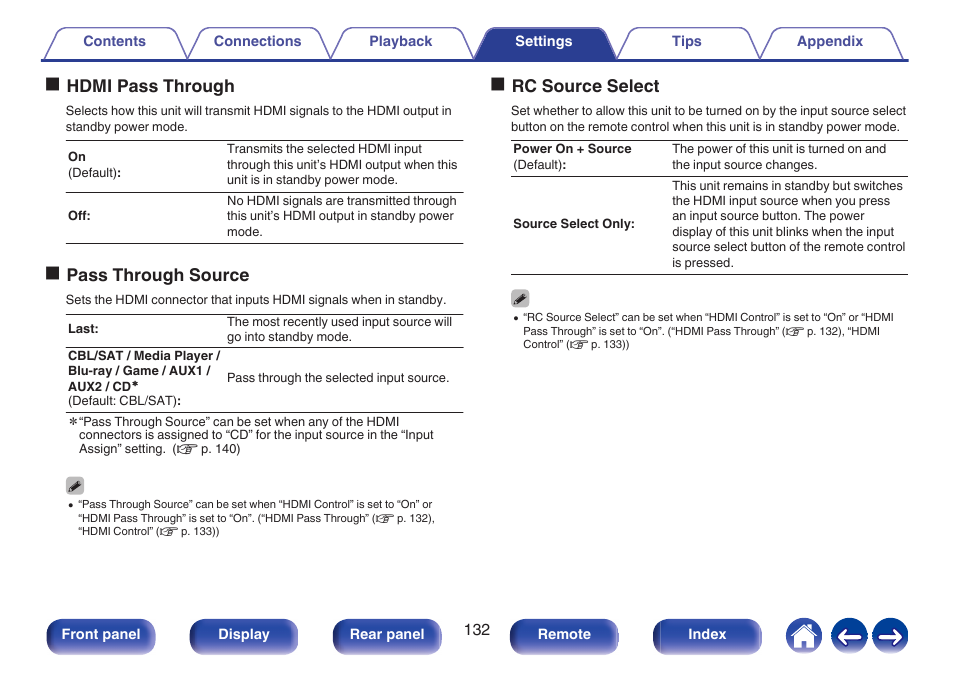Standby power. (“hdmi pass through, P. 132), “hdmi control, Ohdmi pass through | Opass through source, Orc source select | Marantz Stereo 70S 2.1-Channel Network A/V Receiver User Manual | Page 132 / 218