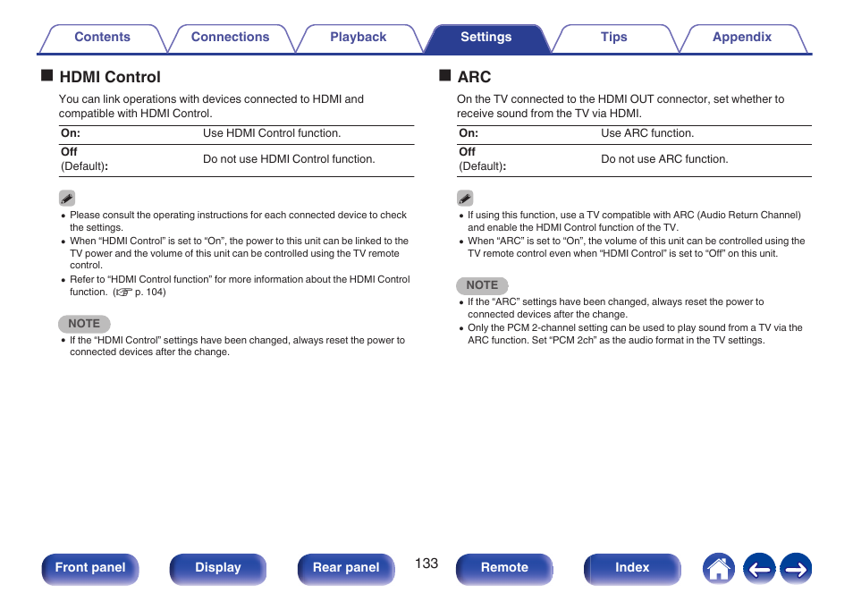 P. 133), Set “hdmi control” to “on, P. 133)) | Hdmi control, Control, Ohdmi control, Oarc | Marantz Stereo 70S 2.1-Channel Network A/V Receiver User Manual | Page 133 / 218