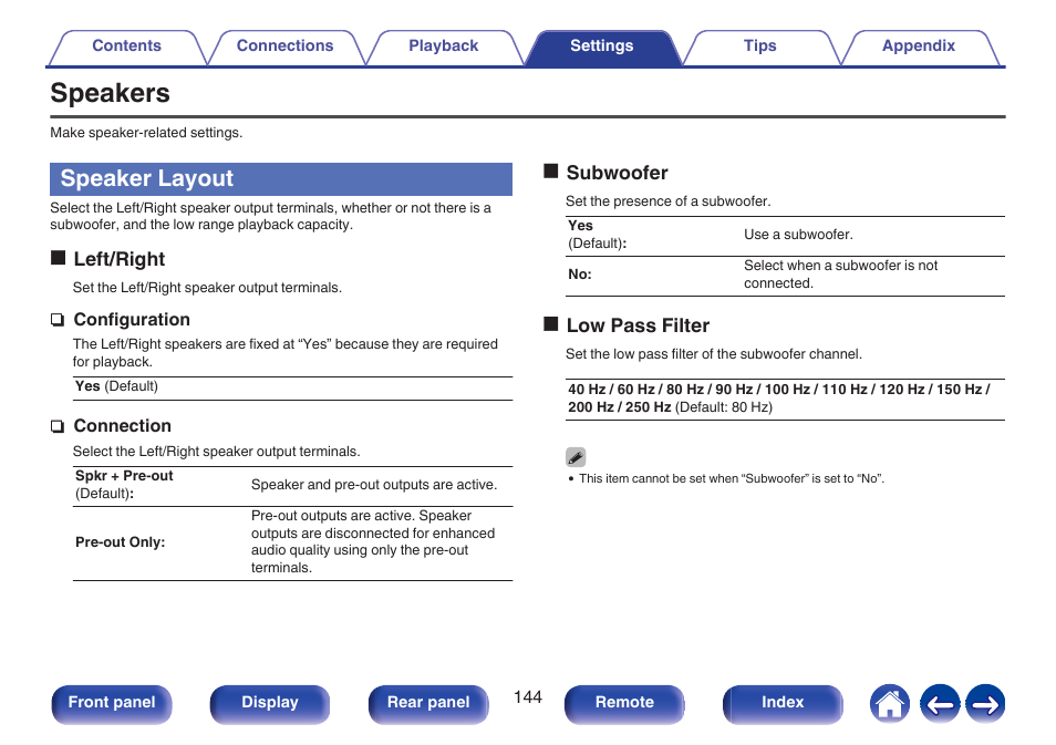 Speakers, Speaker layout, P. 144) | Oleft/right, Osubwoofer, Olow pass filter | Marantz Stereo 70S 2.1-Channel Network A/V Receiver User Manual | Page 144 / 218