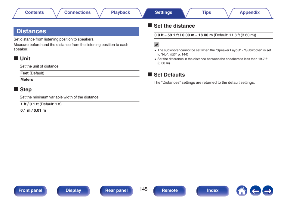 Distances, Ounit, Ostep | Oset the distance, Oset defaults | Marantz Stereo 70S 2.1-Channel Network A/V Receiver User Manual | Page 145 / 218
