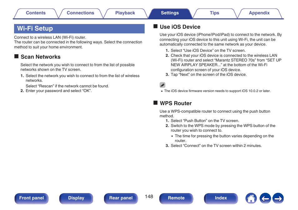 Wi-fi setup, P. 148), Fi)” and configure the “wi-fi setup | Oscan networks, Ouse ios device, Owps router | Marantz Stereo 70S 2.1-Channel Network A/V Receiver User Manual | Page 148 / 218