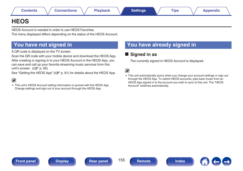 Heos, You have not signed in, You have already signed in | Osigned in as | Marantz Stereo 70S 2.1-Channel Network A/V Receiver User Manual | Page 155 / 218