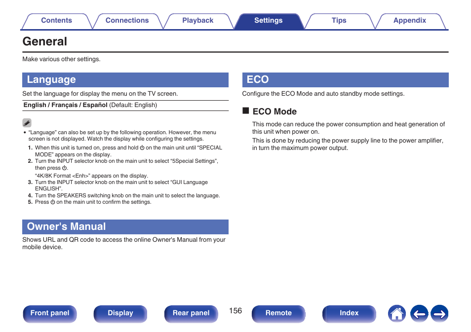 General, Language, Owner's manual | Oeco mode | Marantz Stereo 70S 2.1-Channel Network A/V Receiver User Manual | Page 156 / 218