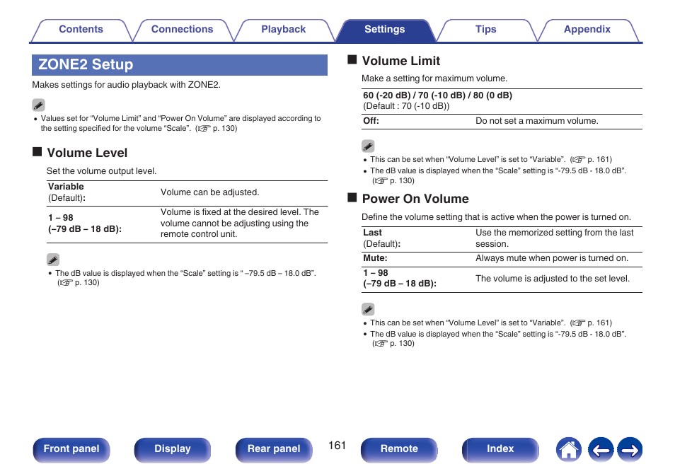 Zone2 setup, P. 161), Ovolume level | Ovolume limit, Opower on volume | Marantz Stereo 70S 2.1-Channel Network A/V Receiver User Manual | Page 161 / 218
