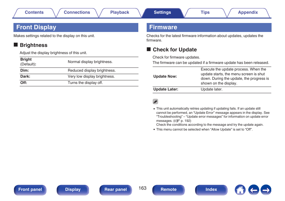 Front display, Firmware, P. 163) | Obrightness, Ocheck for update | Marantz Stereo 70S 2.1-Channel Network A/V Receiver User Manual | Page 163 / 218