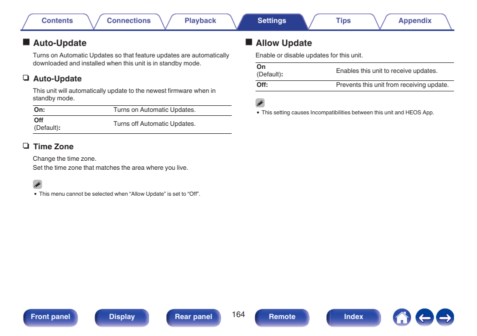 Oauto-update, Oallow update | Marantz Stereo 70S 2.1-Channel Network A/V Receiver User Manual | Page 164 / 218