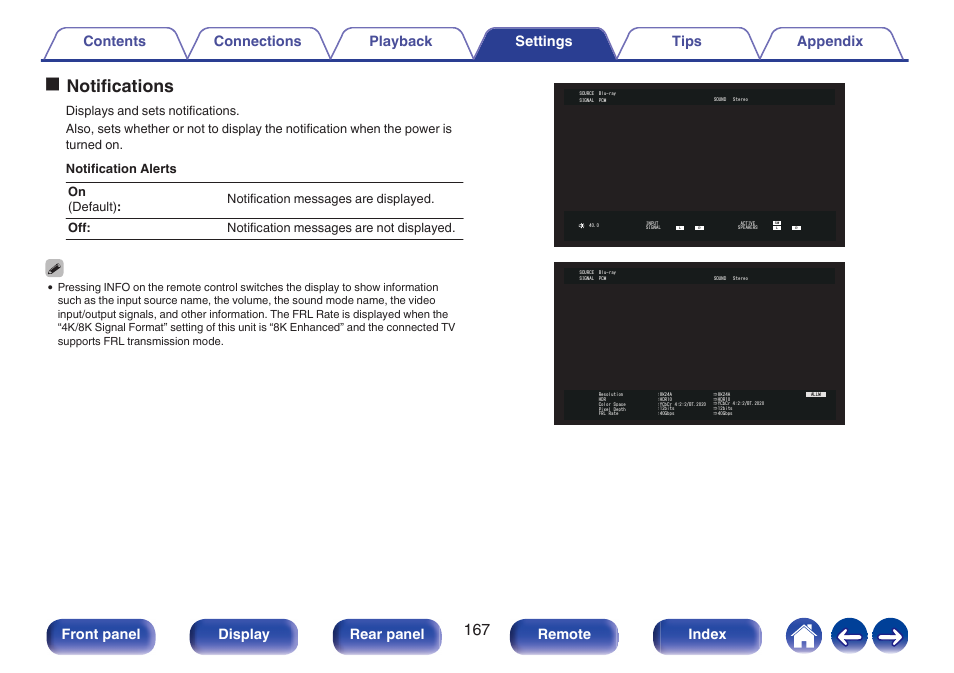P. 167), Onotifications, Front panel display rear panel remote index | Marantz Stereo 70S 2.1-Channel Network A/V Receiver User Manual | Page 167 / 218