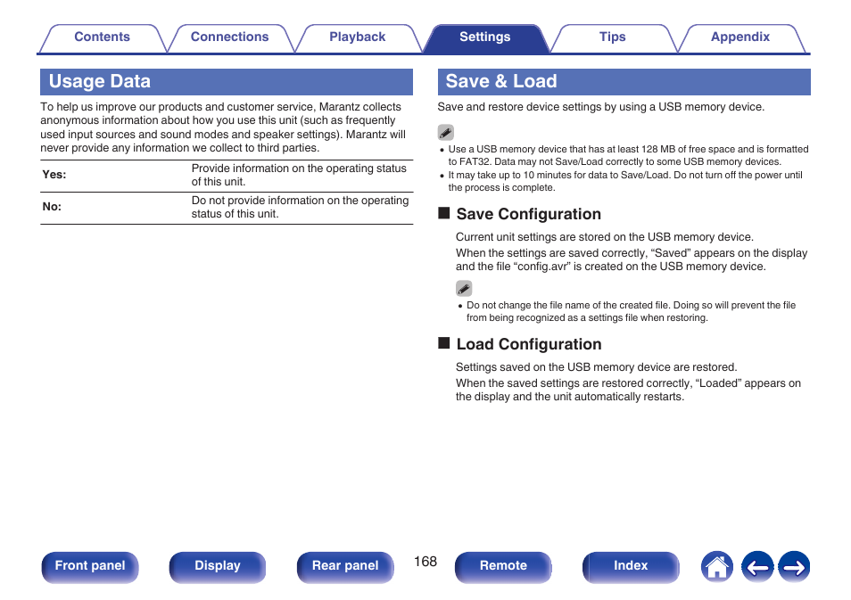 Usage data, Save & load, Osave configuration | Oload configuration | Marantz Stereo 70S 2.1-Channel Network A/V Receiver User Manual | Page 168 / 218