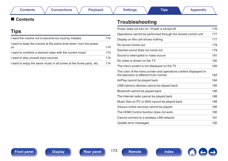 Tips, Troubleshooting, Ocontents | Marantz Stereo 70S 2.1-Channel Network A/V Receiver User Manual | Page 173 / 218
