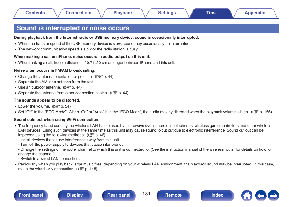 Sound is interrupted or noise occurs | Marantz Stereo 70S 2.1-Channel Network A/V Receiver User Manual | Page 181 / 218