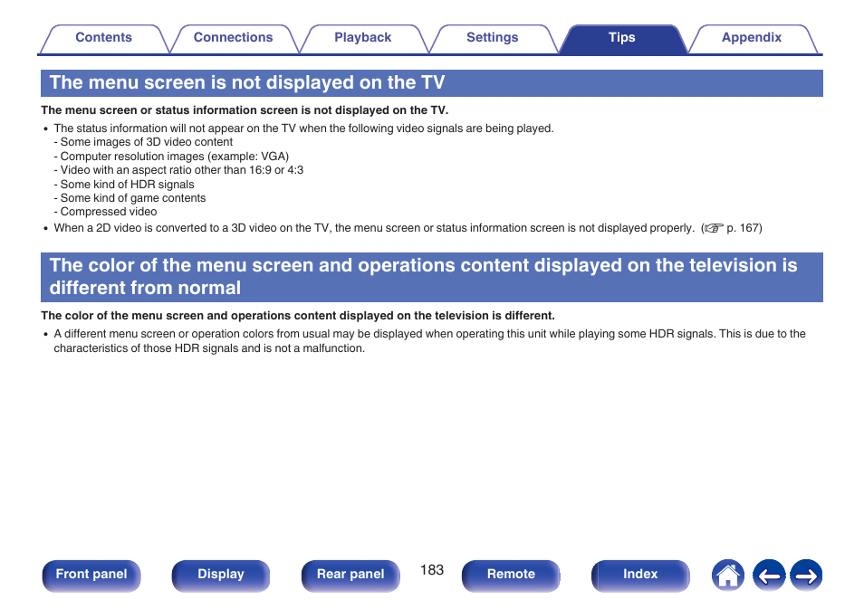 The menu screen is not displayed on the tv, On the television is different from normal | Marantz Stereo 70S 2.1-Channel Network A/V Receiver User Manual | Page 183 / 218