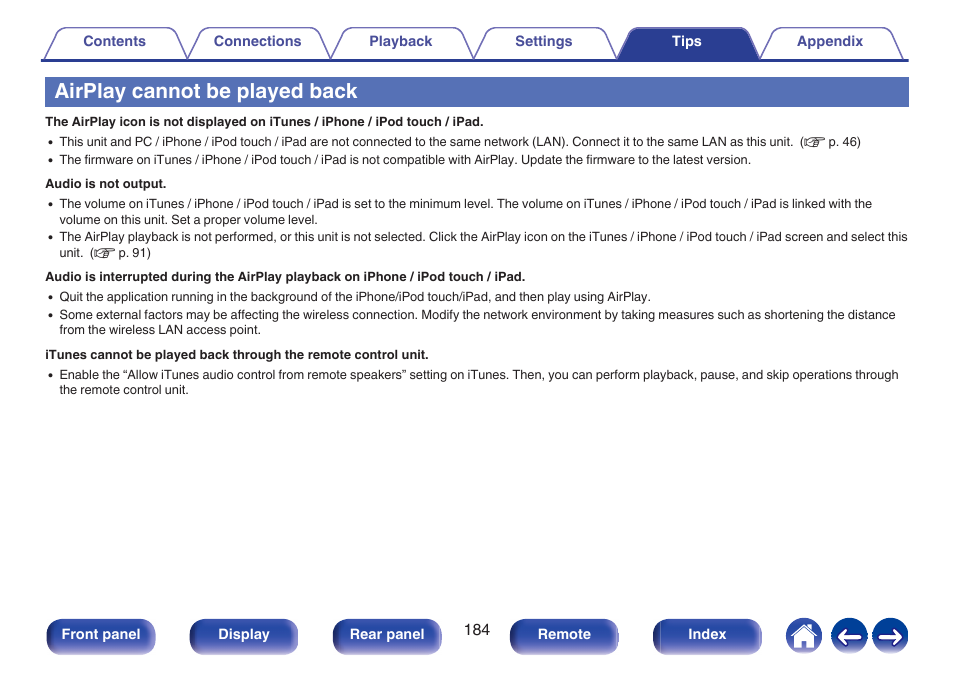 Airplay cannot be played back | Marantz Stereo 70S 2.1-Channel Network A/V Receiver User Manual | Page 184 / 218