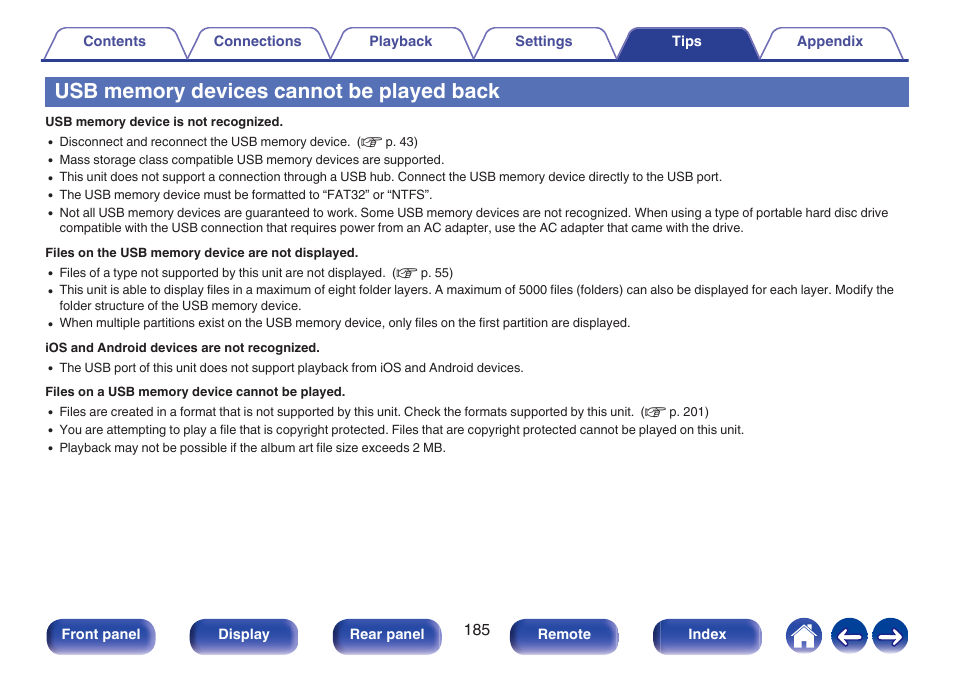 Usb memory devices cannot be played back | Marantz Stereo 70S 2.1-Channel Network A/V Receiver User Manual | Page 185 / 218