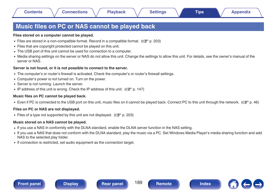 Music files on pc or nas cannot be played back | Marantz Stereo 70S 2.1-Channel Network A/V Receiver User Manual | Page 189 / 218