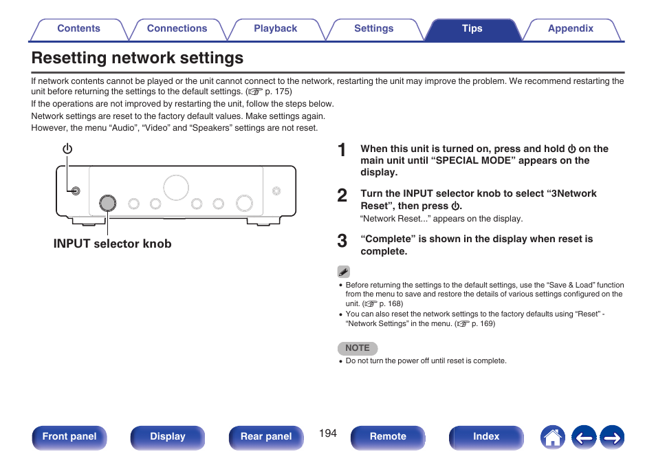 Resetting network settings, P. 194) | Marantz Stereo 70S 2.1-Channel Network A/V Receiver User Manual | Page 194 / 218