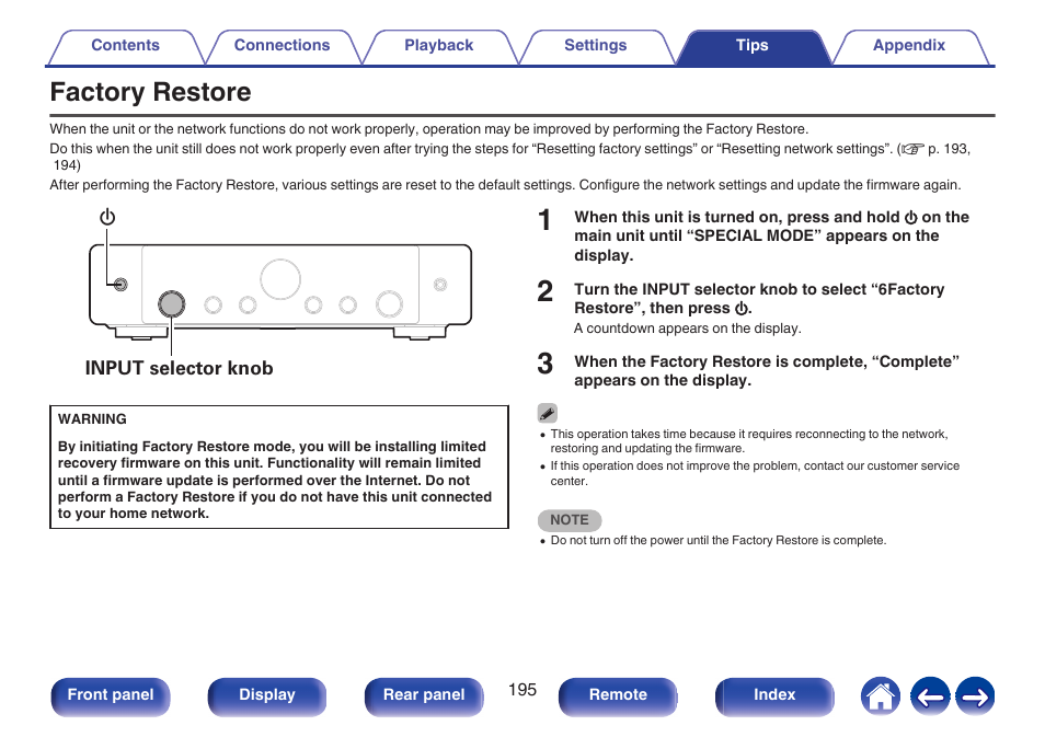 Factory restore | Marantz Stereo 70S 2.1-Channel Network A/V Receiver User Manual | Page 195 / 218