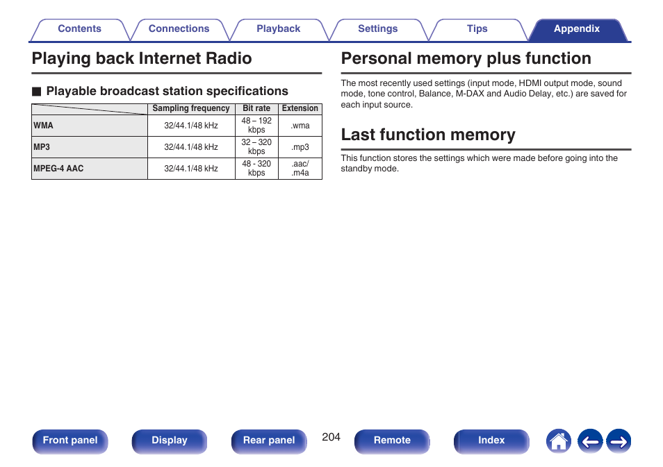 Playing back internet radio, Personal memory plus function, Last function memory | See “playing back internet radio, P. 204) | Marantz Stereo 70S 2.1-Channel Network A/V Receiver User Manual | Page 204 / 218