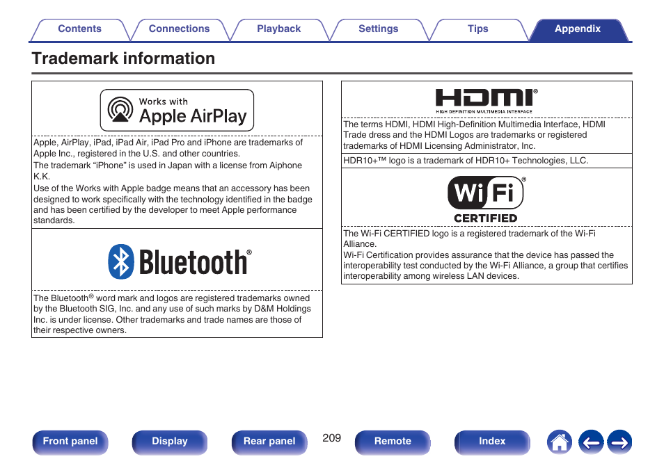 Trademark information | Marantz Stereo 70S 2.1-Channel Network A/V Receiver User Manual | Page 209 / 218