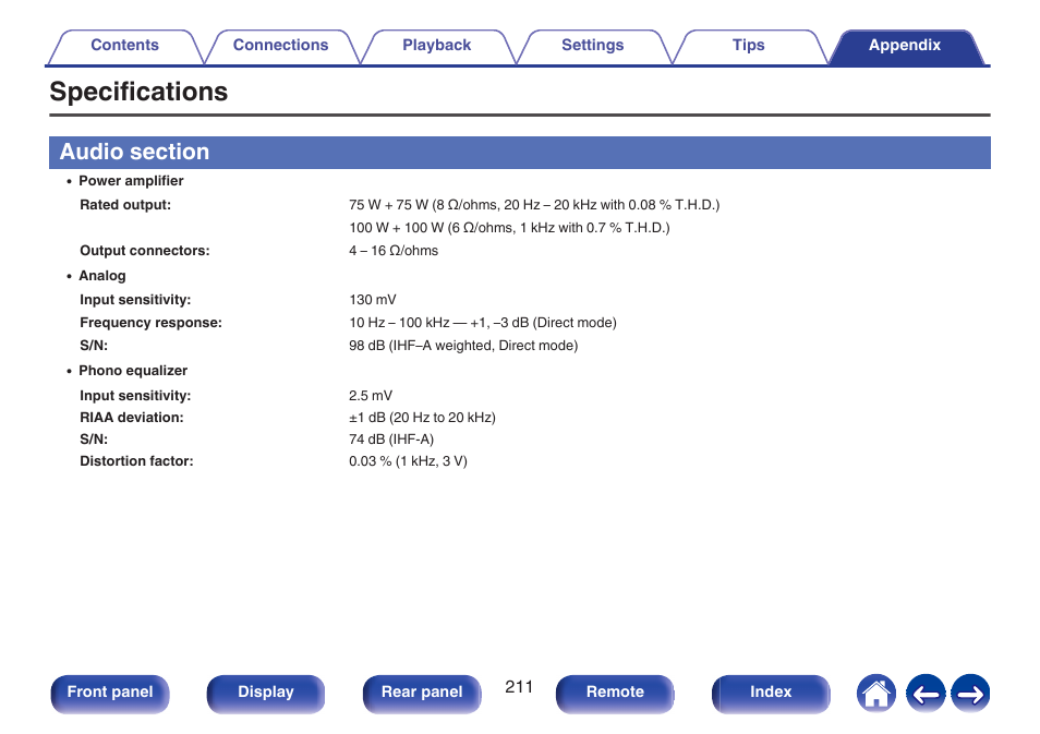 Specifications, Audio section | Marantz Stereo 70S 2.1-Channel Network A/V Receiver User Manual | Page 211 / 218