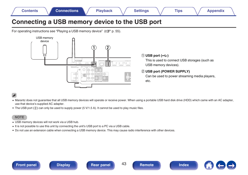 Connecting a usb memory device to the usb port, P. 43) | Marantz Stereo 70S 2.1-Channel Network A/V Receiver User Manual | Page 43 / 218