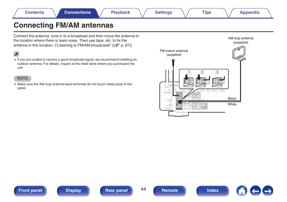 Connecting fm/am antennas, Used to connect fm antennas and am loop antennas, P. 44) | Marantz Stereo 70S 2.1-Channel Network A/V Receiver User Manual | Page 44 / 218