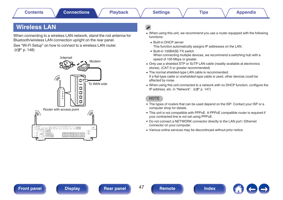 Wireless lan, Connecting to a handheld device via bluetooth, P. 47) | Marantz Stereo 70S 2.1-Channel Network A/V Receiver User Manual | Page 47 / 218